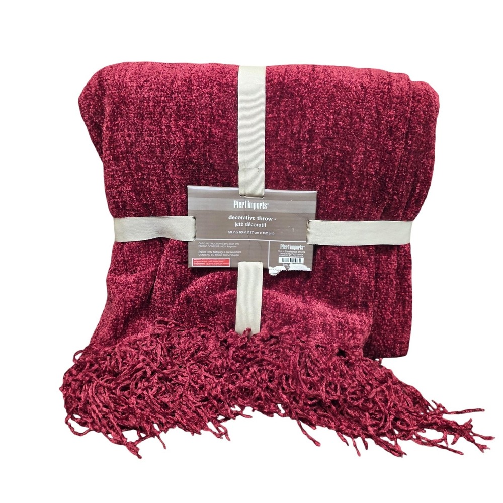 Pier 1 Imports Decorative Throw Blanket Red Chenille Fringe Soft 50x60 Polyester